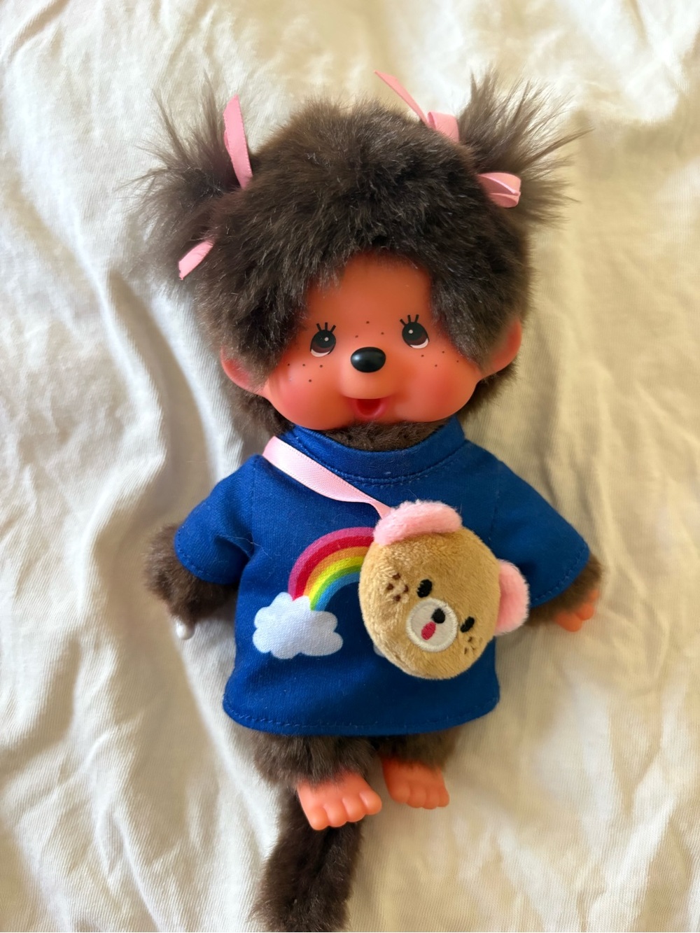 monchhichi girl doll with rainbow dress and purse